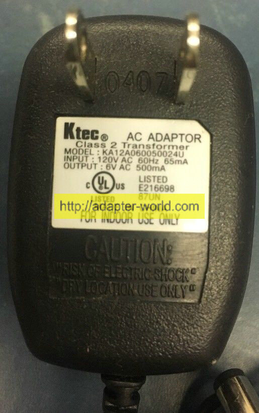 *100% Brand NEW* Ktec KA12A060050024U Output: 6V DC 500mA AC Power Supply Adapter Charger Free shipping!